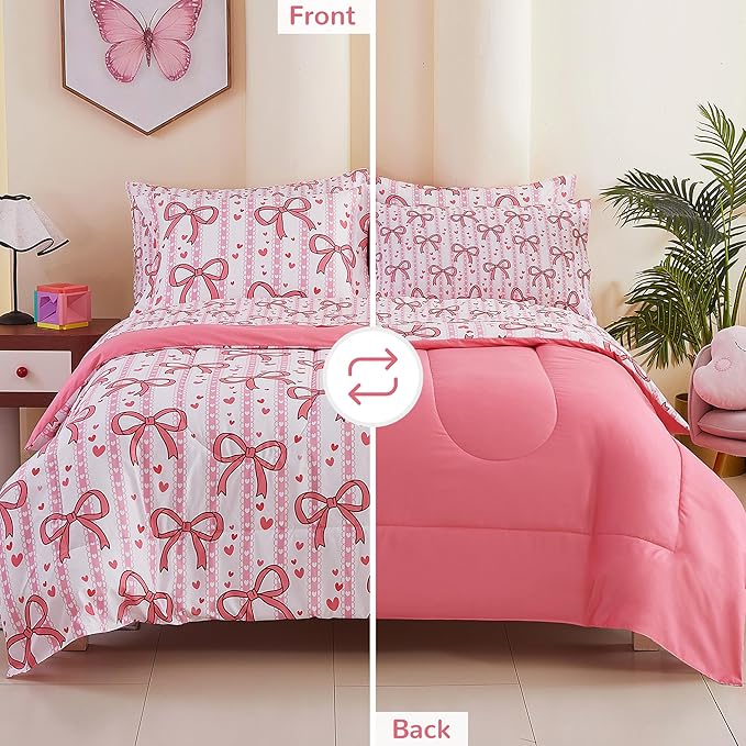 Viviland Kids Twin Bedding Sets for Girls, Soft Twin Comforter Set with Sheets, 5 Pieces Microfiber Bed in a Bag, Pink Bow