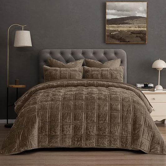 PHF Ultra Soft Velvet Quilt Set King Size – 3PCS Luxurious Cozy Quilted Comforter Alternative with Diamond Pattern, Warm Quilted Bedspread Coverlet, 108" x 92", Cub