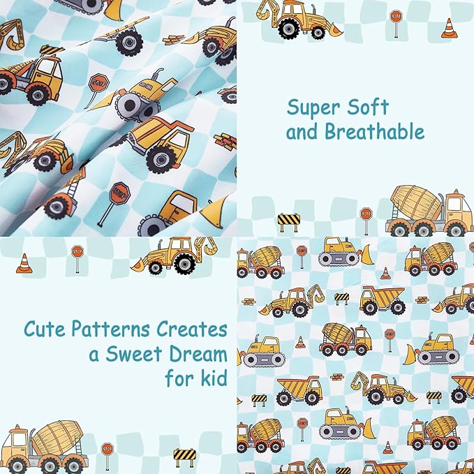 Kids Sheet Set Full Size, Full Sheet Set with Grid Excavator Pattern，Breathable Silky Soft Microfiber Kids Fitted Sheet