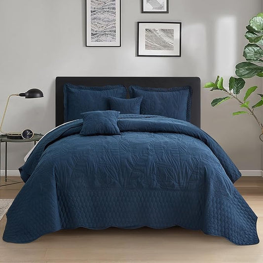 Botanical Oversized Bedspread King Size - Leaves Pattern Stitching Quilt Set - Elegant & Fresh Style Bedding Coverlets, Reversible, Lightweight, 5 Piece, Navy
