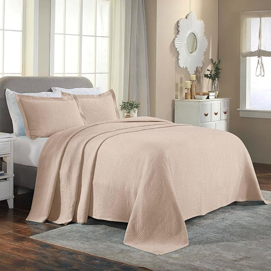 Superior 2 Piece Celtic Circles Cotton Bedspread Set, Decorative Bed Spread, Home Bed Decor, 1 Pillow Sham, Medium Weight Blanket, Matelasse Coverlet Bedding, Wedding Ring Design, Twin, Bisque