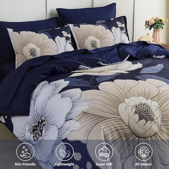 Xruibed Navy Blue Floral Comforter Set Queen Size 7 Pieces Bed in a Bag Navy Floral Comforter Flower Bedding Sets Lightweight Boho Bed Set with Sheet,Pillowcases&Shams for All Season