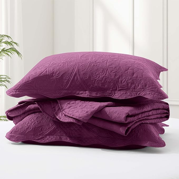 IR Imperial Rooms Twin Quilt Bedding Set Size (68” x 86”) + 1 Pillow Shams (20” x 26” + 2”) - 2 Pcs All Season Lightweight Reversible Microfiber Coverlet Floral Embossed Quilt Bedspread (Purple)