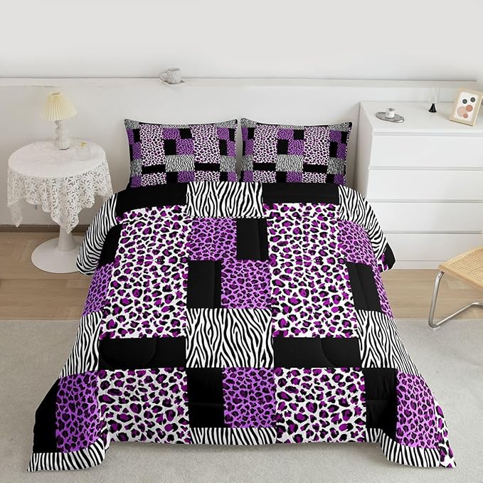Erosebridal Purple Leopard Bedding Set Patchwork Cheetah Print Comforter Sets King Size for Girls Teens Adults Women Bedroom Black Zebra Pattern Duvet Sets Animal Skin Down Comforter 2 Piece