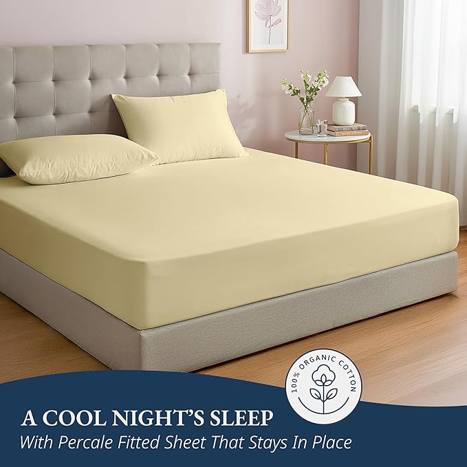 LANE LINEN Twin Fitted Sheets, 100% Organic Cotton 2-Piece Set (1 Fitted Sheet, 1 Pillowcase), Percale Weave, Bottom Sheet, Soft, Breathable, Fits Mattress Upto 15' Deep - Vanilla (No Flat Sheet)
