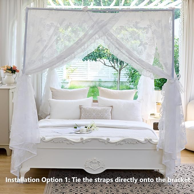AIKASY Elegant Lace Princess 4-Poster Bed Canopy Mosquito Net - Romantic Wedding Bridal Bedroom Decor, Kids Room Bed Curtain for Women Adults - (White-4,King)