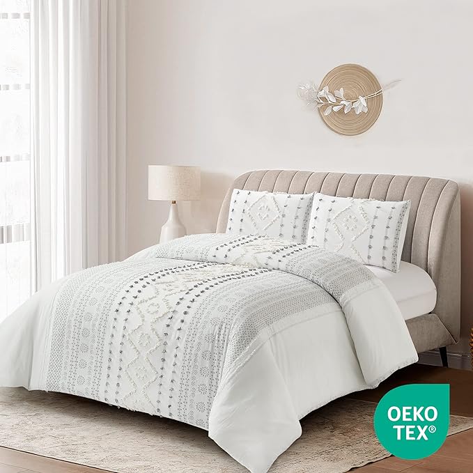 Style Quarters 2pcs Twin Duvet Cover Set Creamy Boho Tufted Duvet Cover Set Polycotton Bedding Set for Dormitory with Clipped Jacquard Stripe Twin Size Comforter Cover Sets