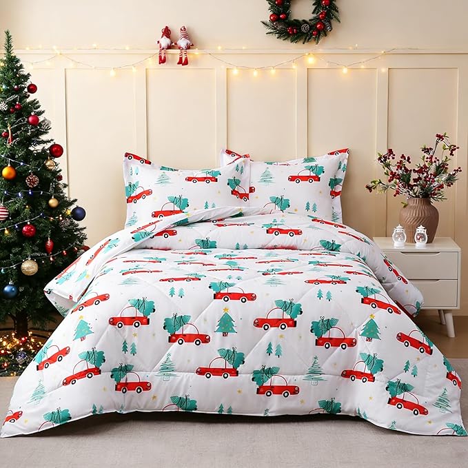 JSD Cars Kids Christmas Comforter Set Queen Size, 3 Piece Tree Printed Microfiber Holiday Winter Bedding Set