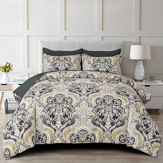 Drucon Boho Paisley Comforter Set Queen Size, 7 Pieces Bed in a Bag Black Gold Comforter Set, Soft Lightweight Bedding Set (1 Comforter, 1 Flat Sheet, 1 Fitted Sheet, 2 Pillow Shams, 2 Pillowcases)