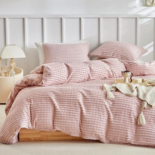 WARMDERN Boho Duvet Cover Set Queen Size, Pink Striped Duvet Cover Microfiber Bedding Set, 3PCS Ultra Soft Breathable Lightweight Tuft Texture Duvet Covers with Zipper Closure(Pink, Queen)