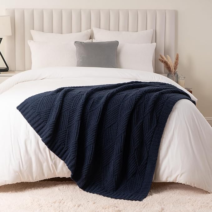Battilo Navy Diamond Knit Throw Blanket for Couch and Bed, Soft Textured Chenille Blanket, Cozy Lightweight Decorative Blanket for Sofa, 50"x60"
