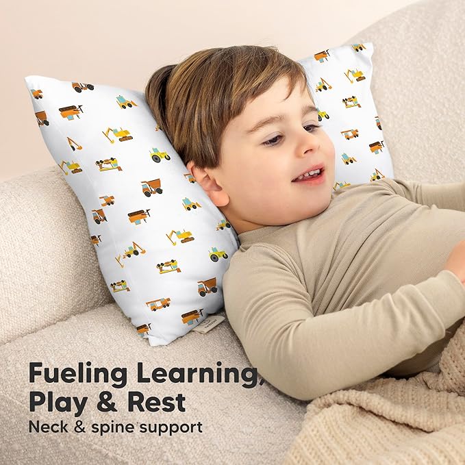 KeaBabies Toddler Pillow with Pillowcase - 13x18 My Little Cuddly Kids Travel Pillows for Sleeping, Nap, Viscose from Bamboo Nursery Pillowcase, Soft & Breathable, Toddler 2-5 Years Old (Construction)