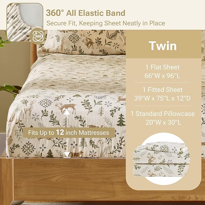 Sleep Philosophy True North 100% Cotton Flannel Sheets Twin Size, Cozy Flannel Sheet Set Brushed for Extra Softness, Heavyweight Novelty Print Warm Flannel Bedding Set, Tan Woodland Winter 3 Piece