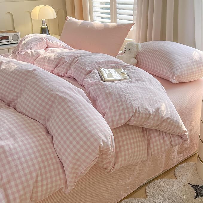 VM VOUGEMARKET Aesthetic Pink Plaid Duvet Cover Set, Soft Washed Cotton Bedding Set, Minimalist Gingham Bed Set with Pillowcases,Cozy Bedroom & Dorm Decor for Teen Girls & Students, King Size