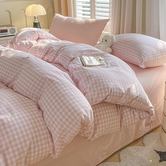 VM VOUGEMARKET Pastel Pink Gingham Duvet Cover Set Twin XL,Soft Washed Cotton Bedding Set for Girls, Cute Plaid Comforter Cover with Pillowcases,Sweet Aesthetic Dorm Room Essentials for Teen Girls