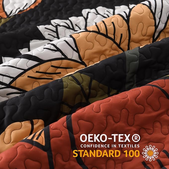 Andency Floral Boho California King Quilt Bedding Set Black, 3 Pieces Farmhouse Flower Botanical Summer Oversized King Bedspreads, Soft Reversible Lightweight Microfiber Coverlet Set, 104"x112"