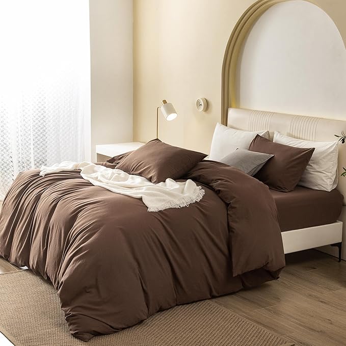 JIYUAN 100% Washed Cotton Duvet Cover Set 2 Pieces Twin, 1 Duvet Cover 68x90 Inches(Comforter Not Included) and 1 Pillowcases,Linen Feel Bedding Set Comfy and Breathable,Chocolate Brown