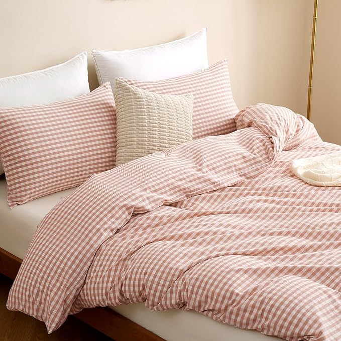 TOCOMOA Pink Tan Gingham Duvet Cover Bedding Set 100% Washed Cotton Like Linen Feel Super Soft Comfy 3 Piece Vintage Plaid Checkered Fall Comforter Cover Set (Full 80"x90", Comforter Not Included)