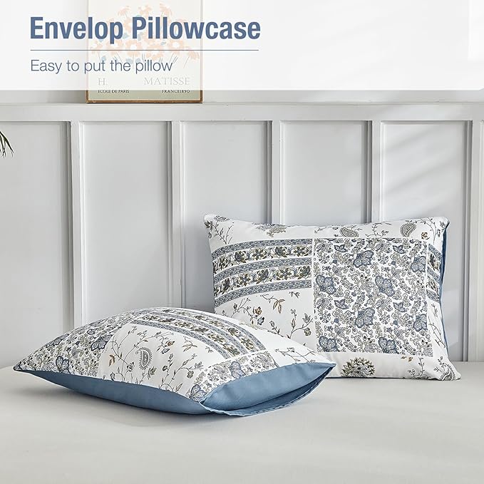 Lekesky Queen Size Duvet Cover Set, Patchwork Floral 3 Pieces Reversible Blue Paisley Duvet Cover Set, Ultra-Soft Microfiber 3 Pieces Comforter Cover with Zipper, Includes 2 Pillowcases
