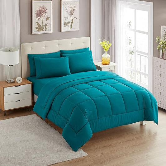 Sweet Home Collection 7 Piece Comforter Set Bag Solid Color All Season Soft Down Alternative Blanket & Luxurious Microfiber Bed Sheets, Teal, Full