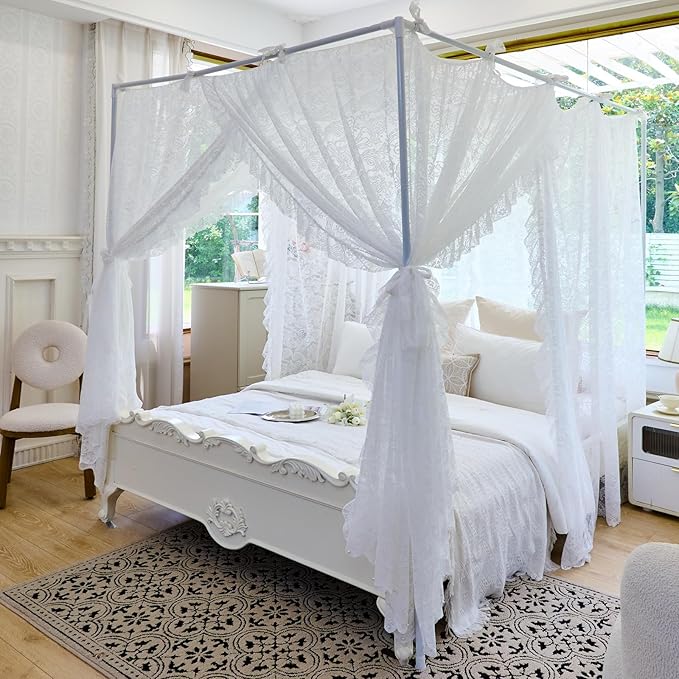 AIKASY Elegant Lace Princess 4-Poster Bed Canopy Mosquito Net - Romantic Wedding Bridal Bedroom Decor, Kids Room Bed Curtain for Women Adults - (White-3,Queen)