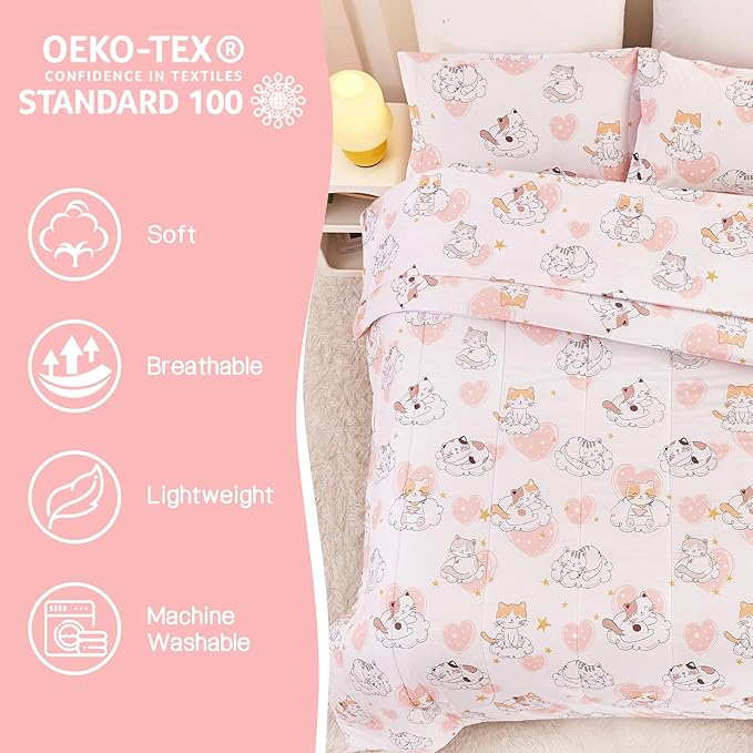 Yibeizi Cat Kids Comforter Set for Girls Twin, Cute Quilted Pink Heart Printed Bedding Set with Pillow Sham, Lightweight Soft Breathable Machine Washable Bed Set 2 Piece