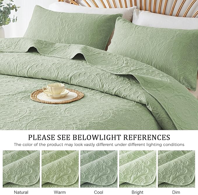 WURUIBO Sage Green Quilt Set King/Cal King Size, Embossing Microfiber Bedspreads with Pillow Sham, Ligthweight Breathable Thin Coverlet, Reversible Bedding Set for All Season (1 Quilt,2 Pillow Shams)