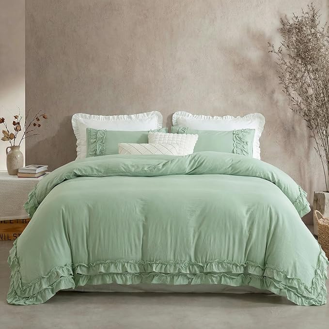Bedorm Sage Green Ruffled Duvet Cover King Size Bedding Set Pleated Lace Ruffle Shabby Chic Bedroom Decor Extra Soft Cozy Farmhouse Country Style Duvet Cover Sets