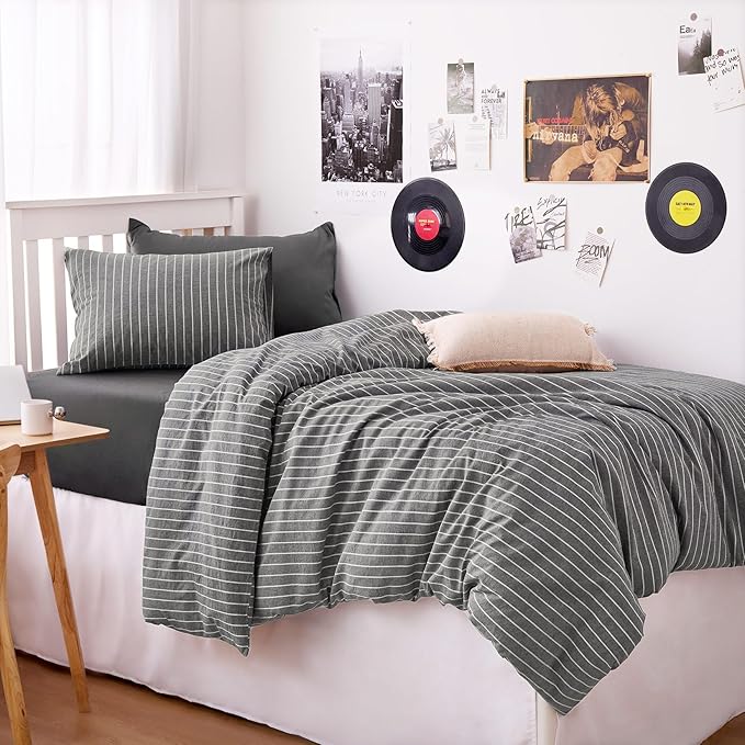 Wake In Cloud - Striped Cotton Duvet Cover Set, Ticking Stripe Vertical Pinstripe Farmhouse, 100% Washed Cotton Textured Percale Bedding Set, 3 Pieces, Gray, Twin Size