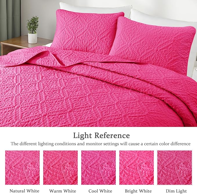 Exclusivo Mezcla Queen Quilt Bedding Set, Lightweight Soft Bedspreads Coverlets with 2 Pillow Shams, Modern Hot Pink Quilts Queen Full Size for All Seasons