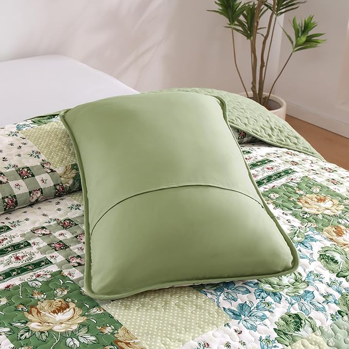 Anibedding Patchwork Quilt Set King Size Sage Green Floral Bedspread Coverlet Set, Green Rustic Plaid Quilted Bedding Set, Soft Microfiber Farmhouse Bedding Set for All Season