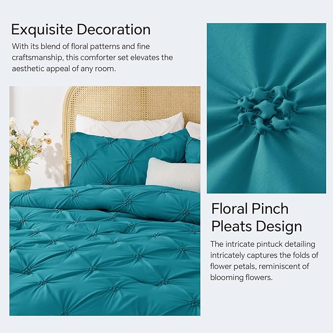 BEDELITE Teal Twin Comforter Set - 2 Peices Boho Pintuck Bedding Comforter Sets, Lightweight Soft & Warm Twin Bedding Sets with 1 Pillowcase for All Season