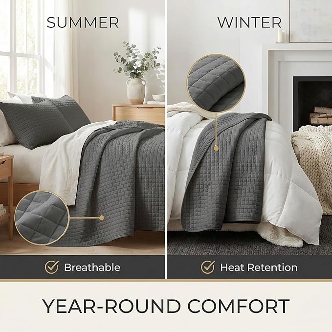 Southshore Fine Living, Inc. Oversized Quilt King Size Set, Grey Bed Spread King Size/California with 2 Matching Pillow Shams, Soft Microfiber Quilted Comforter Coverlet, Easy Care, Slate Grey
