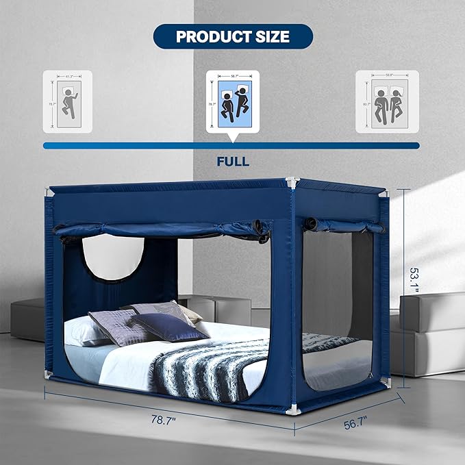 Full Bed Canopy Portable Blackout Bed Tent Privacy Tent for Adult Indoor Sleeping with 3 Doors, Storage Bag, Navy Blue