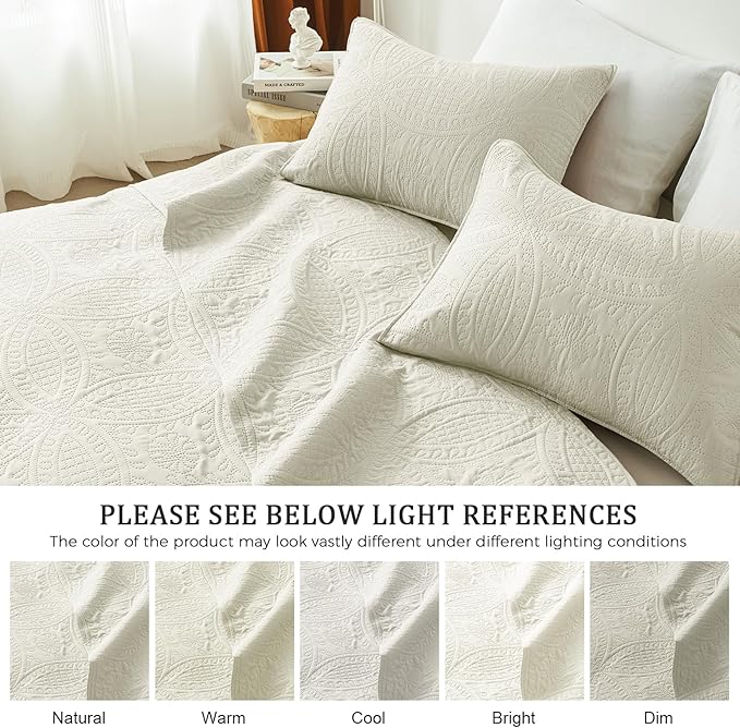 akkialla Full/Queen Quilt Set,Cream Lightweight Bedspread with Coin Pattern, Soft Microfiber Coverlet for All Seasons, Contemporary Decorative Bedding (1 Quilt, 2 Pillow Shams)
