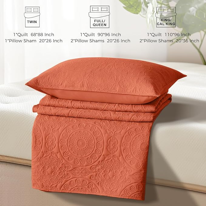 WURUIBO Burnt Orange Quilt Set Twin Size, Embossing Microfiber Bedspreads with Pillow Sham, Ligthweight Breathable Thin Coverlet, Reversible Bedding Set for All Season (1 Quilt, 1 Pillow Sham)
