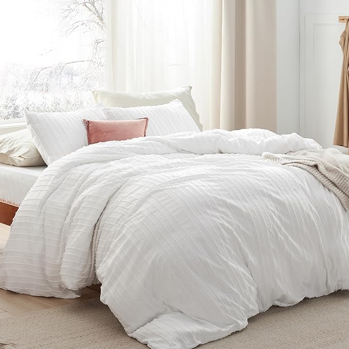 Bedsure Striped Boho Duvet Cover Queen Size - Shabby Chic Tufted Boho Bedding Set, 3 Pieces Shabby Chic Home Bedding for All Seasons, Includes 1 Queen Duvet Cover & 2 Pillowcases (White, 90" x 90")