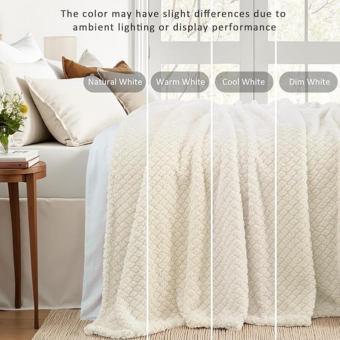 Exclusivo Mezcla Queen Size Fleece Blanket for Bed, Extra Soft Warm Decorative Fuzzy Blanket for Women, Lightweight Cozy Bedding Blankets, 90x90 Inches, Ivory