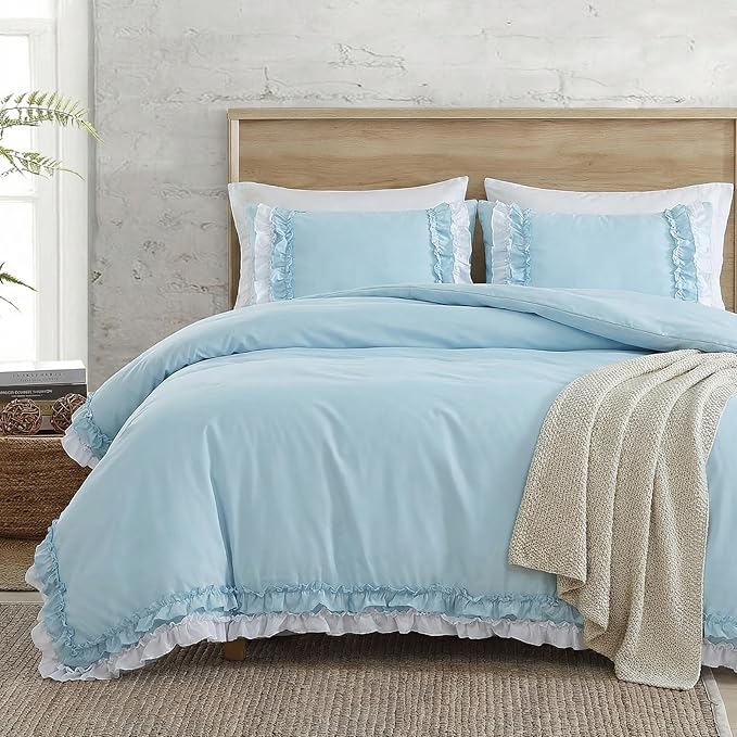 Bedrom Light Blue Duvet Cover Queen Ruffled Bedding Set Elegant Ruffle Lace Bedroom Decor Shabby Chic Farmhouse Style Blue Boho Duvet Cover Set