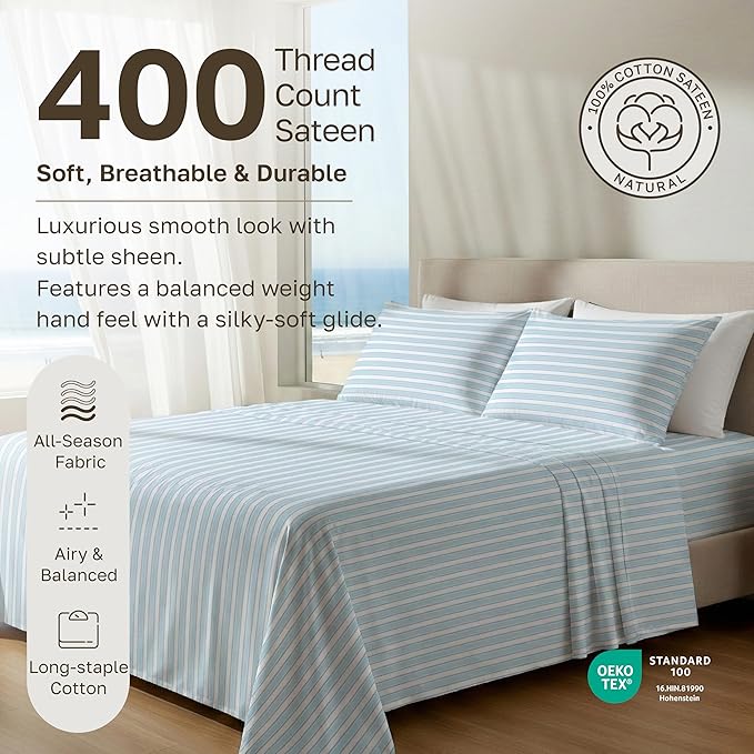 California Design Den California King Sheet Sets - 400 Thread Count Sateen, Natural 100% Cotton Sheets Set, Deep Pocket and Durable Bedding - Cape Stripe