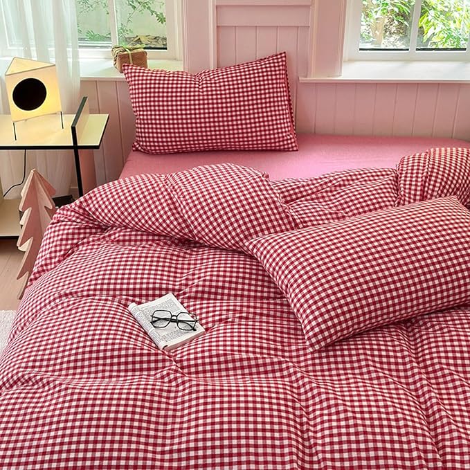 LifeTB Red Gingham Comforter Set Full Modern Style Red Plaid Comforter Set 3 Pieces Soft Fluffy Grid Checkered Pattern Comforter with 2 Pillowcases Vintage Luxury Soft Gingham Bedding Comforter Full