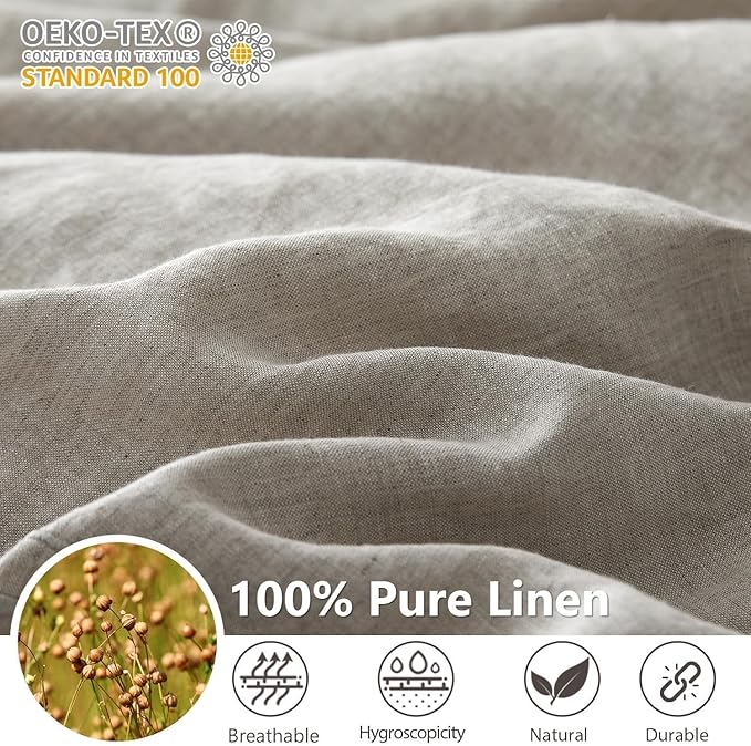 Simple&Opulence 100% Washed Linen Duvet Cover Set 68"x86" - 2 Pieces Soft Farmhouse Comforter Set Double Embroidered with Button Closure - 1 Duvet Cover and 1 Pillowsham (Linen, Twin)