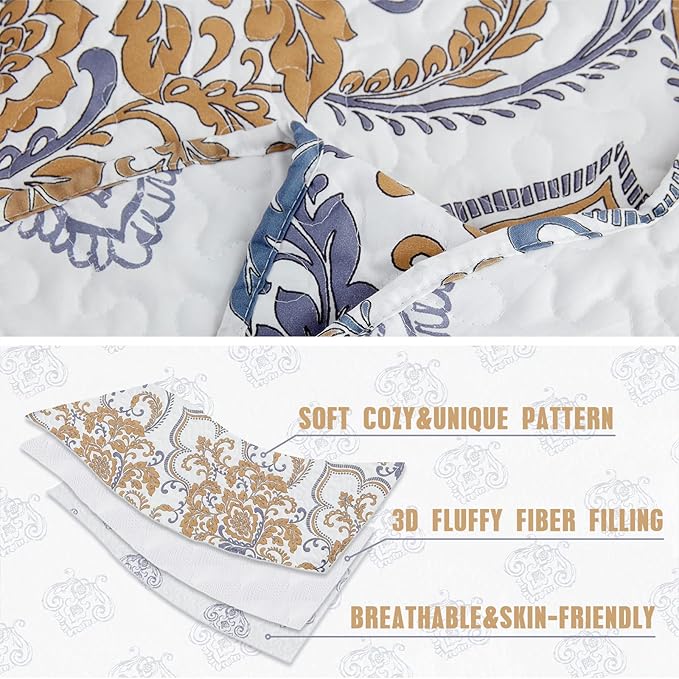 CHIXIN California King Bedspread - Oversized Luxury Collection - European Damask Paisley Pattern - Classic & Gorgeous Bedding Cover, Lightweight, Ultra Soft, 5 Piece, 100% Microfiber, White/Khaki/Grey