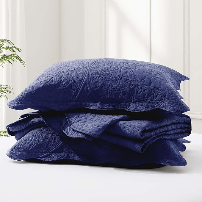 MOONLIGHT20015 Twin Quilt Bedding Set Size (66" x 86 ") + 1 Pillow Shams (20" x 26" + 2") - 2 Pcs All Season Lightweight Reversible Microfiber Coverlet Floral Embossed Quilt Bedspread (Navy)