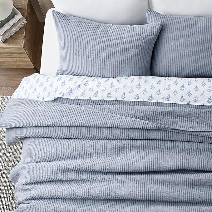 EVERGRACEHOME Cotton Coverlet Set King Size 3 Pieces, Lightweight Soft Ribbed Matelassé Bedspread Quilt Set, Cozy Oversized Quilted Bedding Set with 2 Pillow Shams for All Seasons, Blue Linen