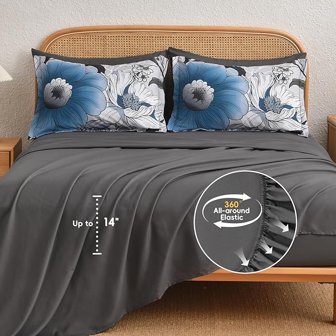 Xruibed King Comforter Set 7 Pieces Grey Blue Floral Comforter Set King Size Bed in a Bag Flower Bedding Sets Lightweight Boho Bed Set with Sheet, Pillowcases&Shams for All Season