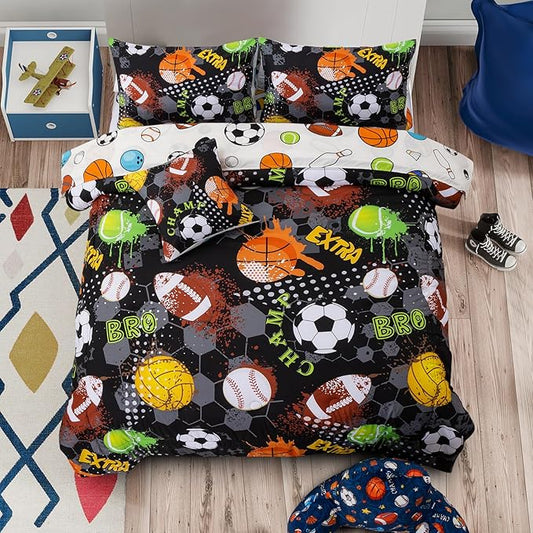 A Nice Night 6Pcs Bed in A Bag Full Sports Microfiber Comforter Set,Black Rugby Ball Basketball Printed Bedding Collections,for Boys Kids Teen
