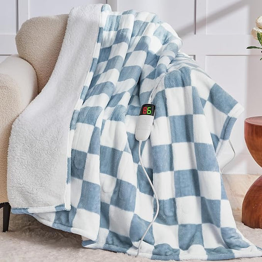 Heated Electric Blanket Throw, 50X60 Heating Blanket with 10 Heat Levels & 8 Hours Auto Off for Lap, Misty Blue Checkered Plaid Soft Sherpa Blankets Warmer Gifts for Couch Grandma Women Adults