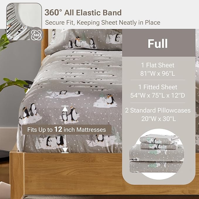 True North by Sleep Philosophy Cozy Flannel Warm 100% Cotton Sheet - Novelty Print Animals Stars Cute Ultra Soft Cold Weather Bedding Set, Full, Grey Penguins 4 Piece