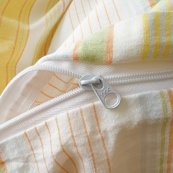 VM VOUGEMARKET 3 Pieces Striped Duvet Cover Set King 100% Washed Cotton Linen Like Textured Breathable Durable Soft Comfy Bedding Set (Yellow Stripes, King 104"x90")
